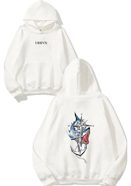 Çapa Tasarım Baskılı Oversize Beyaz Kapüşonlu Sweatshirt