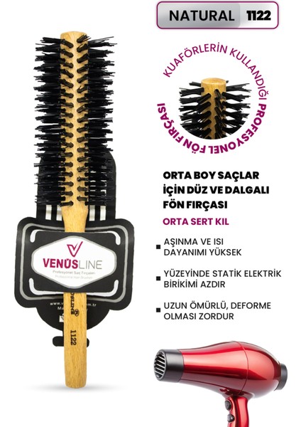 Venüsline Naturel 1122 Orta Boy Saçlar Için Düz ve Dalgalı Fön Fırçası