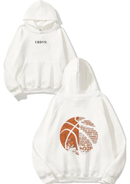 Basketball Terimler Tasarım Baskılı Oversize Beyaz Kapüşonlu Sweatshirt