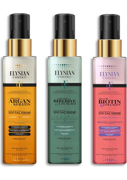 Elysian Essence 3’lü Sıvı Saç Kremi Seti - Biotin & Collagen - Organik Argan & Keratin - Biberiye & Çay Ağacı Durulanmayan, Saç Dökülmesi Karşıtı, Hızlı Uzama Etkili Bakım Spreyi
