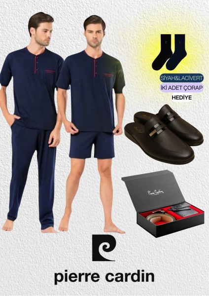 Lacivert Penye 3'lü Kısa Kol Pijama Takımı & Deri Terlik & Kemer Cüzdan Set L1.PC.5370.ST02