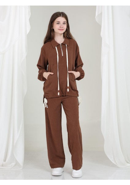 Aria Kız Çocuk Kadife Takım Kahverengi