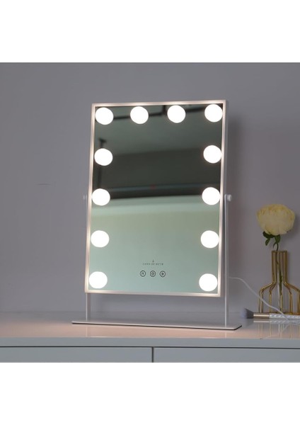 Of Myth - LOM2085 Hollywood Style 3 Renk LED Işıklı Makyaj Aynası, Dokunmatik, 360° Döner Metal Çerçeve (Beyaz)