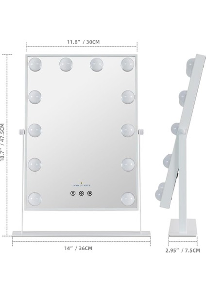 Of Myth - LOM2085 Hollywood Style 3 Renk LED Işıklı Makyaj Aynası, Dokunmatik, 360° Döner Metal Çerçeve (Beyaz) fırsatları
