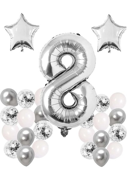 Konsept 8 Yaş Doğum Günü Kutlama Seti; Beyaz Gümüş Konfetili Balon, Rakam Yıldız Folyo