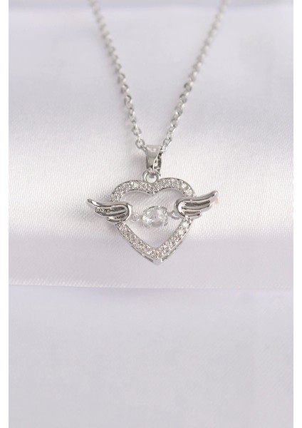 Bfs 316L Çelik Zincir Gümüş Renk Zirkon Taşlı Kanatlı Kalp Kolye