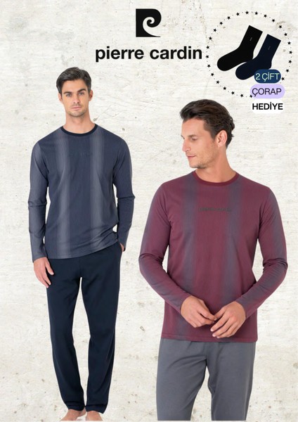 Erkek %100 Pamuk Uzun Kol Çizgi Detaylı Lacivert & Bordo Iki Adet Pijama Takımı L1.PC.6105.002