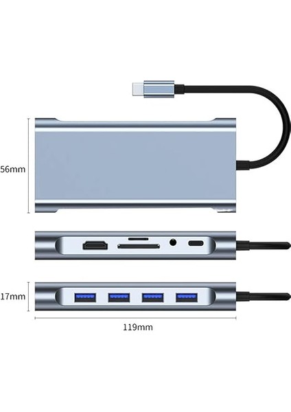 11 In 1 Type-C To USB Hub HDMI (4k),audio/, Type-C/, 4x USB 3.0/, Lan/, Vga/, Sd Card Reader Çevirici Hub 10 Port Adaptör Dönüştürücü Çoklayıcı fırsatları