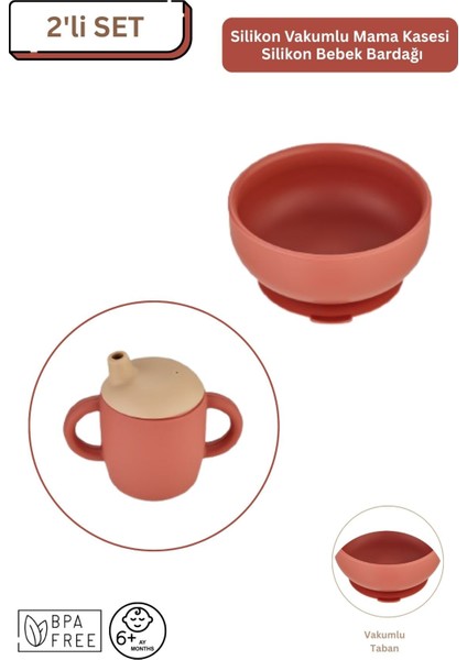 2'li Silikon Bebek Beslenme Seti / Mama Kasesi / Bebek Bardağı - Kiremit Rengi