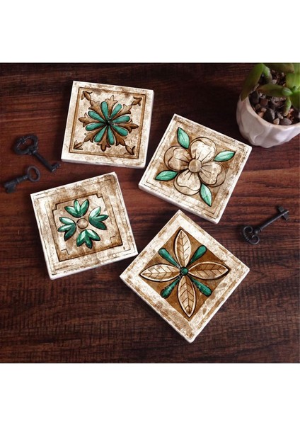 Fas Desenli Taş Altlığı Seti - 4 Parça - Dekoratif, Mutfak Aksesuarı, 10X10 Cm, Kaydırmaz Tabanlı, Şık ve Dayanıklı SC145