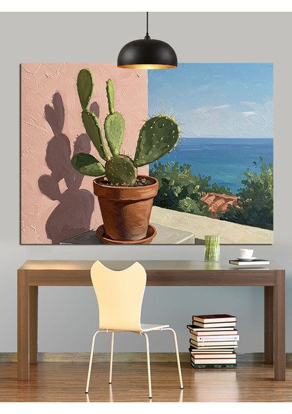 Kaktüs Saksı Pencere Güneş Dekoratif Kanvas - Mdf Ahşap Tablo