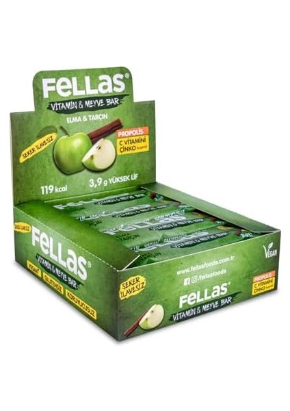Fellas Vitamin & Meyve Bar, Elmalı ve Tarçınlı, 35GR x 12 Adet