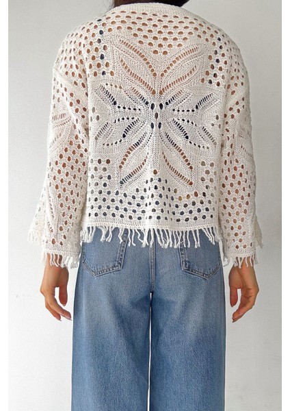 Kadın Yaprak Desenli Püsküllü Triko Hırka – Bohem & Hafif Stil modelleri