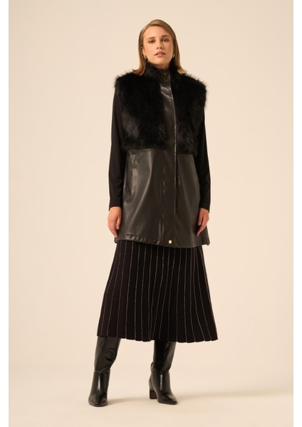 Bayan Pelüs Detay Deri Yelek Siyah 31243