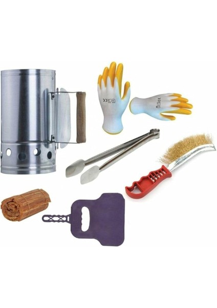 Mangal Barbekü Yakma Seti Kormatik Çıra Yelpaze Maşa Eldiven Fırça Közmatik Mangal Yak 6 Parça Set