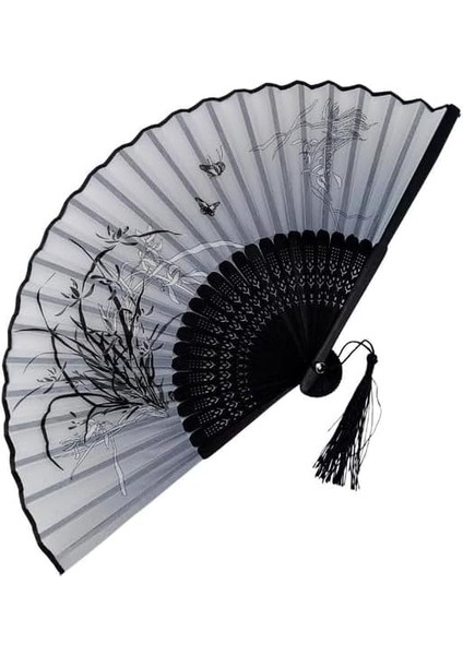 Siyah Zeminli El Yapımı Geleneksel Katlanabilir Şık Dekoratif Bambudan Yapılmış Çiçek Desenli El Yelpazesi (Siyah Zeminli, 21X38 Cm)