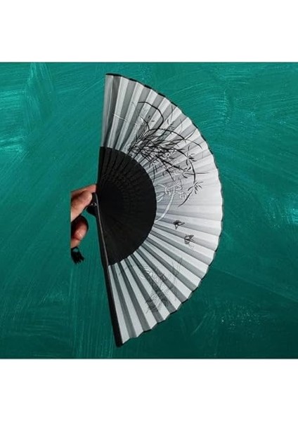 Siyah Zeminli El Yapımı Geleneksel Katlanabilir Şık Dekoratif Bambudan Yapılmış Çiçek Desenli El Yelpazesi (Siyah Zeminli, 21X38 Cm) modelleri