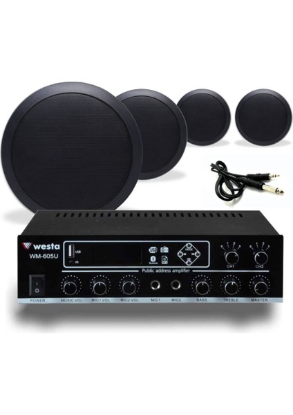 4’lü Siyah Tavan Hoparlörlü 100V Anfi Ses Sistemi | Kafe Mağaza Ofis Müzik Seti