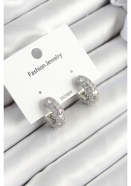 Bfs Pirinç Zirkon Taşlı Halka Model Gümüş Renk Kadın Küpe