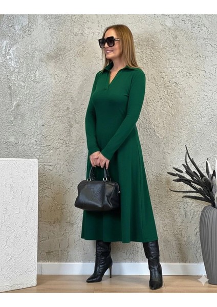 Mdb Kadın Uzun Kollu Yakalı Midi Viskon Iki Iplik Elbise