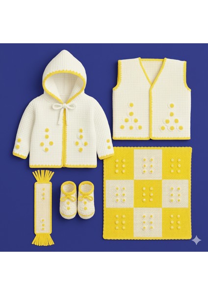 El Örgüsü 5’li Bebek Seti – Hırka, Yelek, Patik, Atkı ve Battaniye |
