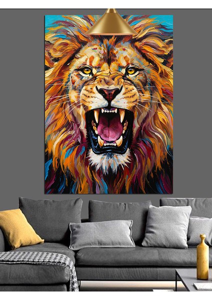 Kükreyen Güçlü Yeleli Aslan Portresi Dekoratif Kanvas - Mdf Ahşap Tablo