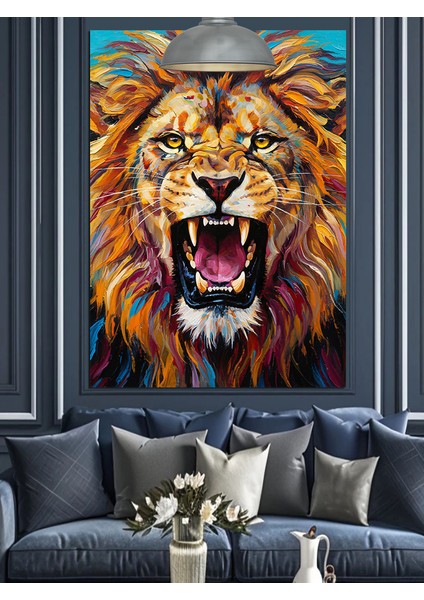 Kükreyen Güçlü Yeleli Aslan Portresi Dekoratif Kanvas - Mdf Ahşap Tablo fiyatları