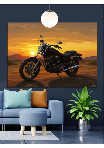 Motosiklet Gün Batımı Yolculuk Dekoratif Kanvas - Mdf Ahşap Tablo