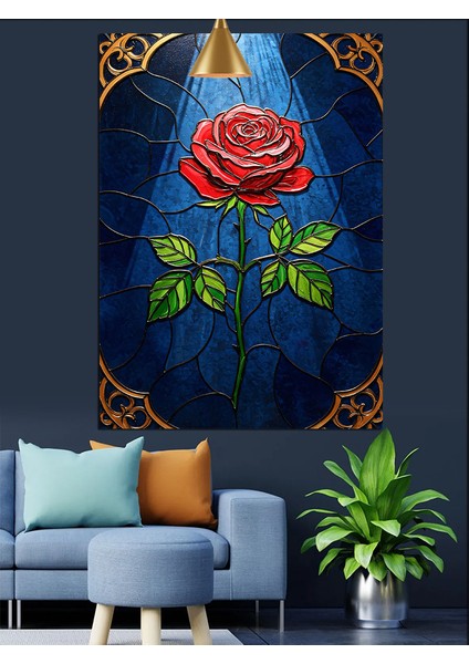 Mavi Tonlarda Siyah Gül Detayı Dekoratif Kanvas - Mdf Ahşap Tablo