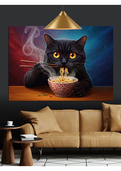 Kara Kedi Makarna Yerken Dekoratif Kanvas - Mdf Ahşap Tablo
