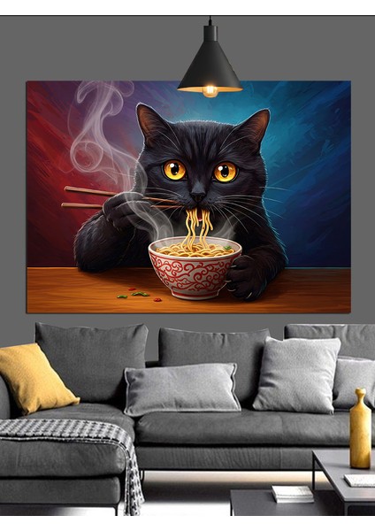 Kara Kedi Makarna Yerken Dekoratif Kanvas - Mdf Ahşap Tablo fiyatları