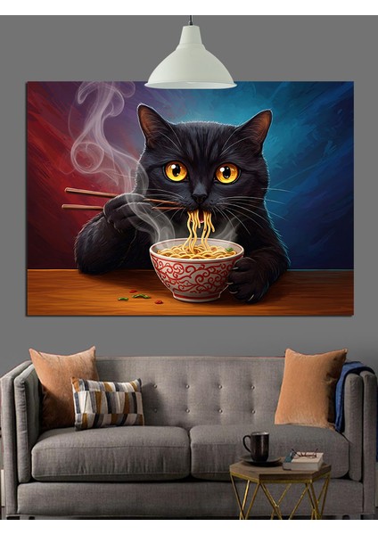 Kara Kedi Makarna Yerken Dekoratif Kanvas - Mdf Ahşap Tablo modelleri