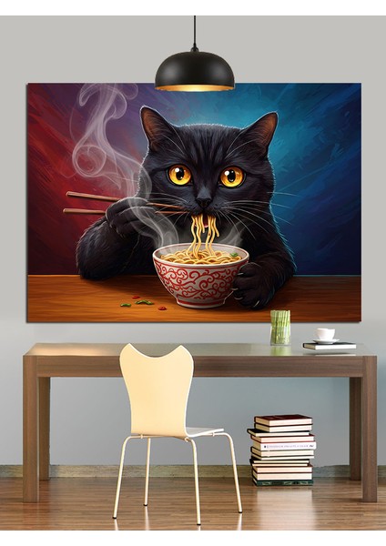 Kara Kedi Makarna Yerken Dekoratif Kanvas - Mdf Ahşap Tablo fırsatları