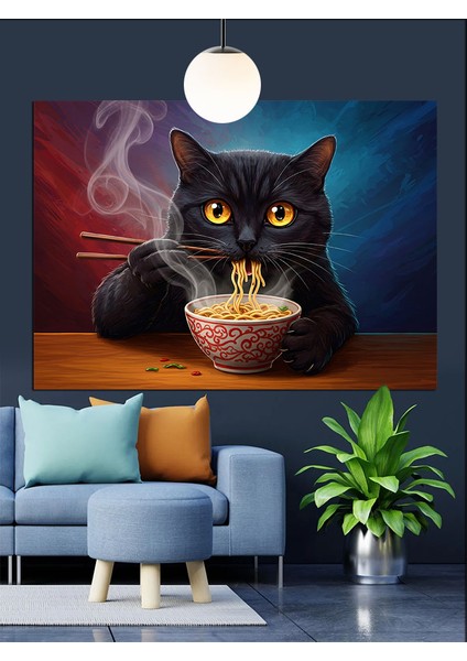 Kara Kedi Makarna Yerken Dekoratif Kanvas - Mdf Ahşap Tablo indirimleri