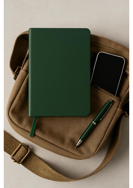 Tanıtım Defter, Noktalı Defter, Termo Deri Kapaklı Noktalı Defter, 128 Yaprak A5 Defter, Ofis ve Kırtasiye, Plan, (Yeşil)