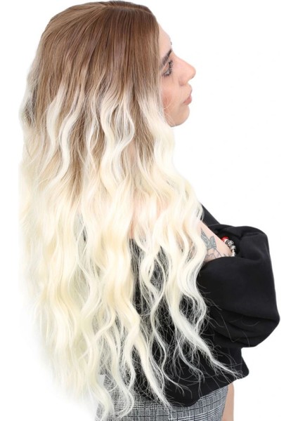 Su Dalgası Uzun Perçemsiz Fiber Sentetik Peruk - Kumral / Platin Ombreli fiyatları