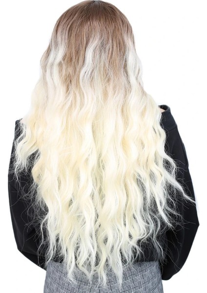 Su Dalgası Uzun Perçemsiz Fiber Sentetik Peruk - Kumral / Platin Ombreli fırsatları