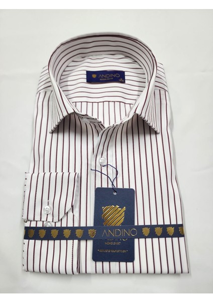 Regularfit Bordo Çizgili Erkek Gömlek Likralı Esnek Kumaş Yaka Alttan Düğmeli AR0720711-11