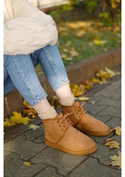 Bağcıklı Süet Tüylü Kadın Bot - Taba