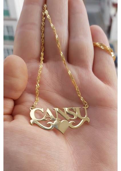 925 Ayar Gümüş 24 Ayar Altın Kaplama Isimli Kalpli Kolye