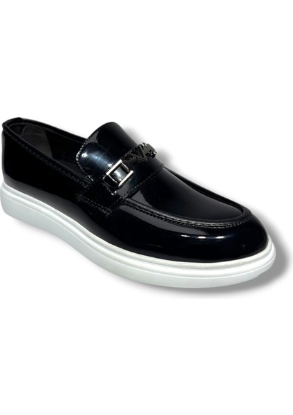 5125-26 Rugan Deri Fiyonklu Tokalı Erkek Ayakkabı Siyah Beyaz