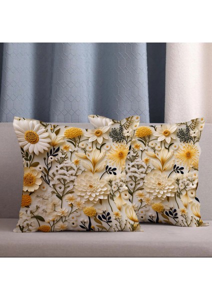 2 Li Kombin Punch Işlemeli Papatya Desen Dijital Baskılıı Kırlent Kılıfı