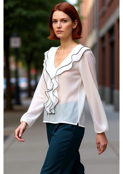 Kadın V Yaka Balon Kol Detaylı Şifon Bluz Kaliteli Şık Rahat Modern Zarif Günlük