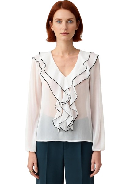 Kadın V Yaka Balon Kol Detaylı Şifon Bluz Kaliteli Şık Rahat Modern Zarif Günlük modelleri