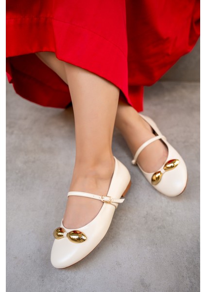 Loes Ekru Gold Aksesuarlı Düz Kadın Babet fiyatları