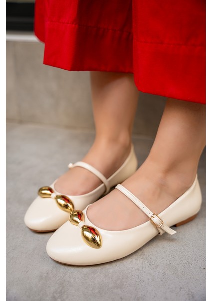 Loes Ekru Gold Aksesuarlı Düz Kadın Babet fırsatları