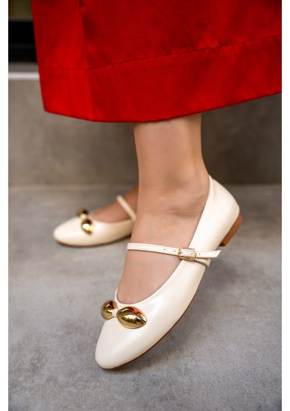 Loes Ekru Gold Aksesuarlı Düz Kadın Babet indirimleri