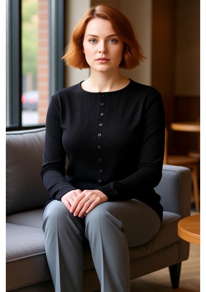 Kadın Düğme Detaylı Bisiklet Yaka Esnek Regular Boy Uzun Kollu Örme Üst Kaliteli Şık Rahat