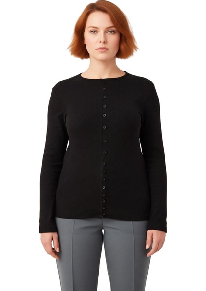 Kadın Düğme Detaylı Bisiklet Yaka Esnek Regular Boy Uzun Kollu Örme Üst Kaliteli Şık Rahat fiyatları