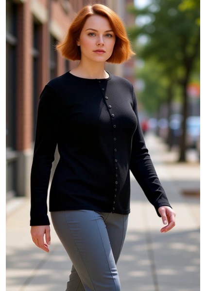 Kadın Düğme Detaylı Bisiklet Yaka Esnek Regular Boy Uzun Kollu Örme Üst Kaliteli Şık Rahat fırsatları